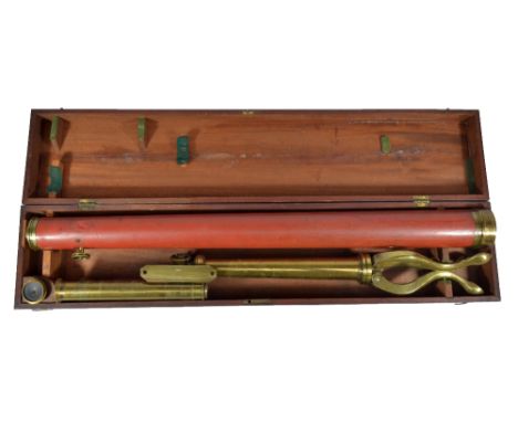 DOLLAND OF LONDON; a cased 2" brass wooden barrelled telescope raised on brass tripod with additional lens, length 75cm. COND