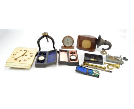 A mixed lot of scientific instruments to include two Russian anemometers, a 'Vibro-Keyer', a cased voltmeter, an oak cased de