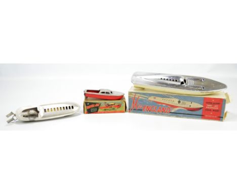 A boxed Victory Industries 'Miss England' model speedboat in chrome and cream livery with original instructions, length 34.5c
