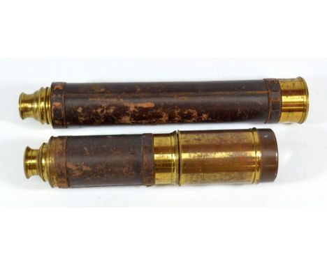 An unnamed 2" brass four-draw telescope with part leather and part brass barrel, length 30cm, and a further unnamed brass sin