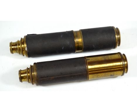 An unnamed 1.25" brass three-draw telescope with part stitched leather and part brass barrel, length 27.5cm, and a further un