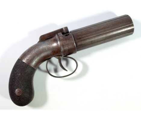 A percussion cap six shot pepperbox revolver, the barrel inscribed 'Allen & Thurber, Worc. 1837 Cast-Steel', the lock with fu