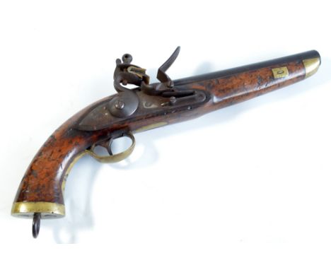 A flintlock pistol, the lock set with indistinct stamp, brass furniture with ring loop to the butt and walnut stock, length 4