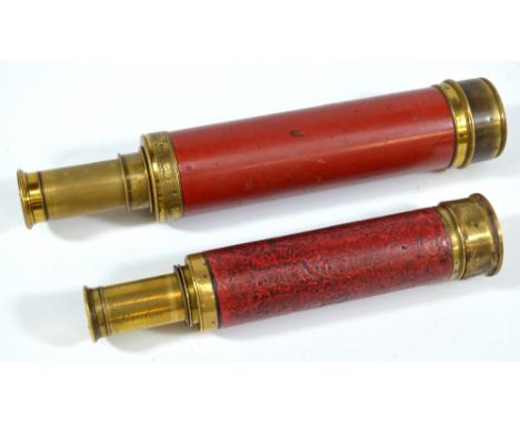 DOLLAND OF LONDON; two small brass three-draw telescopes with stained wooden barrels. CONDITION REPORT: Larger can focus on a