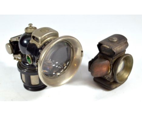 LUCAS; a carbide lamp with green glass side panels and no.326, height 17cm, and a small Lucas lamp, height 12cm (2).