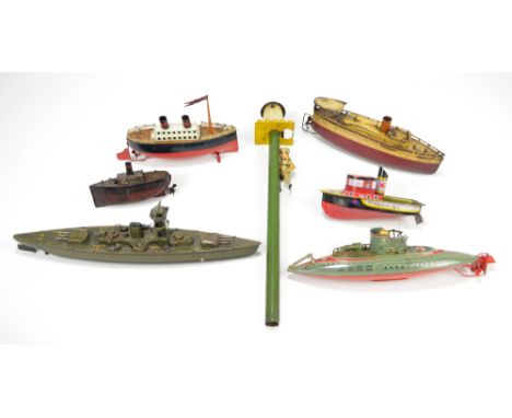 A group of six tinplate model ships to include examples by Arnold, Ives Toys and Rattandeep Enterprise with two further ships