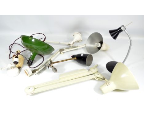 An original Coolicon green enamel shade, now attached to a rise and fall lamp system, a clip-on reading lamp, a modern readin