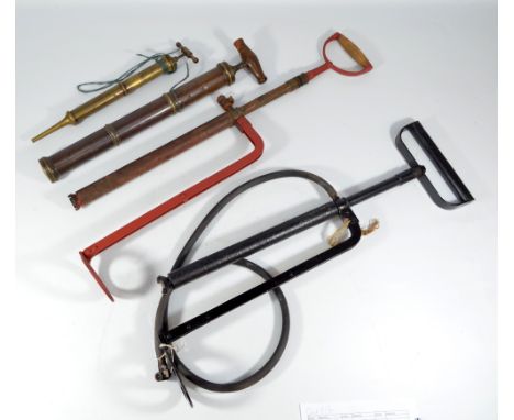 Two vintage stirrup pumps, a rose sprayer and a further brass pump (4).