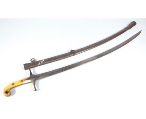 An early 19th century Mameluke, with shaped ivory grip, crossguard, curved blade and metal scabbard, length of blade 75.5cm. 