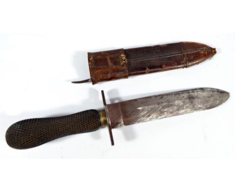 A Bowie knife with checkered shaped grip and blade stamped 'Weiss & Son 287 Oxford Street', in leather scabbard, overall leng