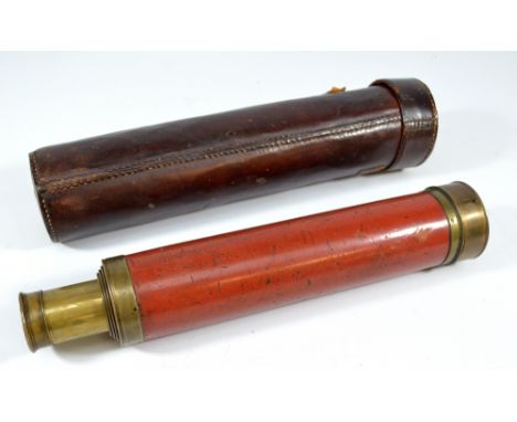 DOLLAND OF LONDON; a 1.75" brass four-draw telescope with stained wooden barrel and leather case, length 29cm.