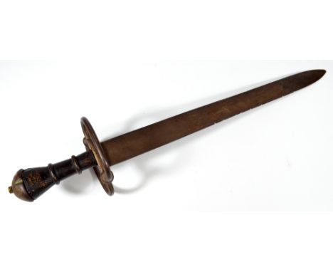 An early to mid-20th century German sword modelled as a Katzbalger, with double ribbed wooden grip, domed pommel and scrollin