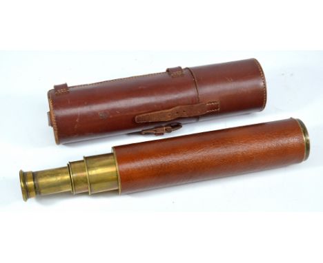 F COX, 98 NEWGATE ST, LONDON; a 2" brass four-draw telescope with replaced leather barrel and leather outer case, length 27cm