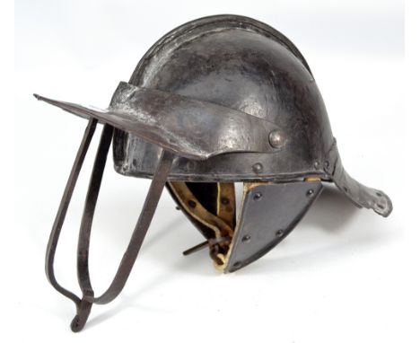 A reproduction English Civil War three bar lobster-tailed pot helmet, visor with inscribed 'H' to central front, height 16.5c