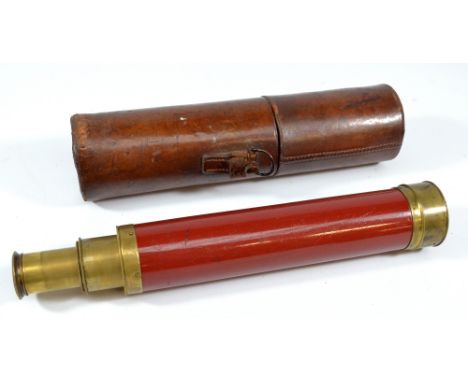 DOLLAND OF LONDON; a 1.5" brass three-draw telescope with wooden brass capped barrel and leather outer case, length 24cm.