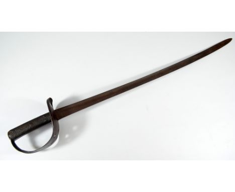 A late 19th century heavy cavalry sabre, with checkered grip, simple pierced guard and slightly curved blade, the underside o