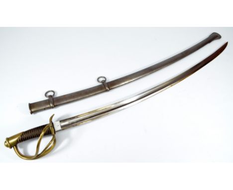 A 19th century American light cavalry sabre, with wirework leather grip, pierced brass knuckle guard and curved blade stamped