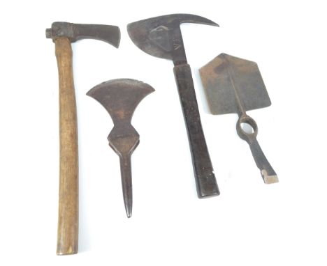 A small group of equipment comprising a military issue axe stamped with broad arrow mark and 'Elwell 1945 27N-1' with rubberi