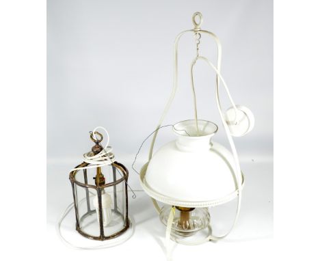 An Art Nouveau silver plated hall lantern with cylindrical glass inner section and openwork frame, height 33.5cm and a furthe