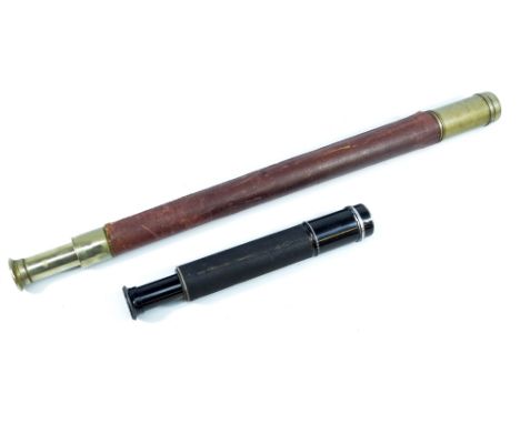 ROSS OF LONDON; a 1.25" black lacquered single-draw telescope, no.80577, with replaced leather barrel, length 26cm, also a Ro