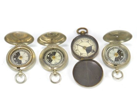 Three WWI period military issue pocket compasses, all with identical dials and broad arrow marks, manufacturer's marks for L.