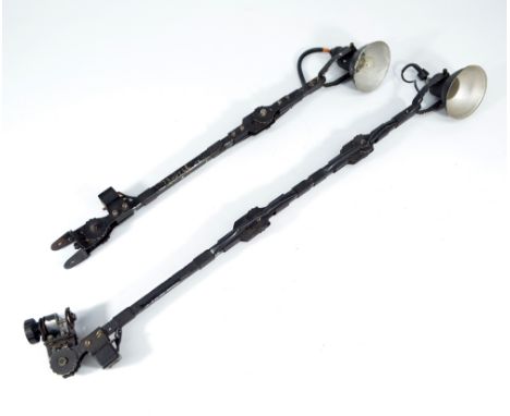 Two unusual military issue ratchet adjustable lamps for bracket mounting, one with two joints and one with single joint, both