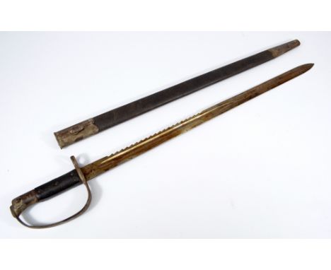 An 1879 pattern saw back bayonet with checkered grip, simple guard serrated half backed blade and leather scabbard, the blade