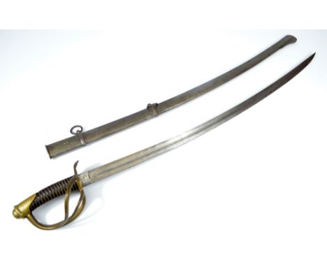 A 19th century Danish light cavalry sabre, with wirework leather grip, pierced brass knuckle guard and shaped blade stamped '