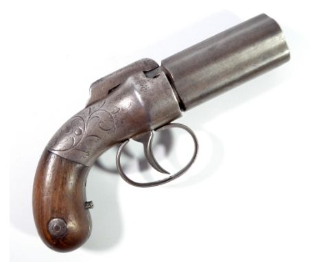 A small percussion cap five shot pepperbox revolver, the barrel indistinctly inscribed 'Worcester, Patented 1845', with furth