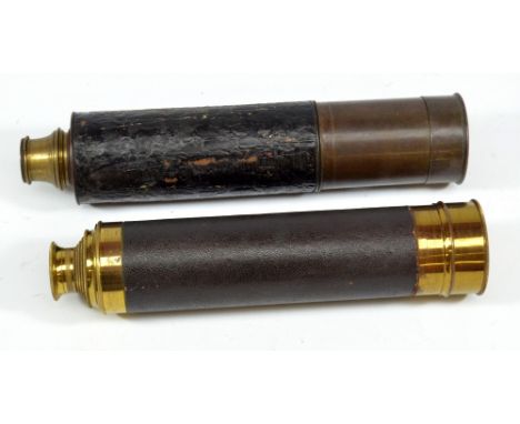 An unnamed 1.75" brass four-draw telescope with stitched leather barrel, length 26.5cm and a further unnamed three-draw teles