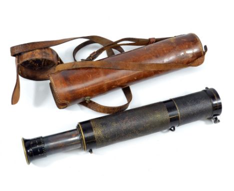 LAWRENCE & MAYO OF LONDON 'THE SIGNPOST'; a 1.5" lacquered brass three-draw telescope with hinged end section set with a comp
