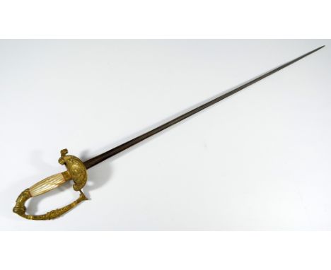 A mid-19th century court sword, with ornate brass pommel, ribbed mother of pearl grip, portrait mask and lion mask adorned sh