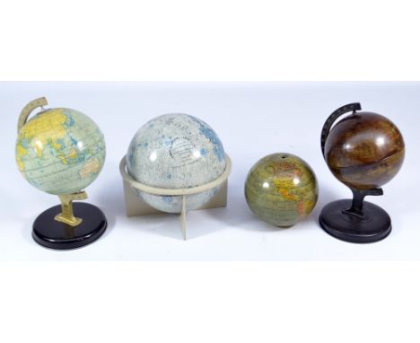 A Chad Valley small globe, a further similar example, a tin globe lacking stand and a Luna moon globe in stand (4).