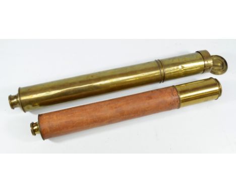 An unnamed 1.5" brass single-draw telescope, with stitched leather barrel, length 47.5cm and a further unnamed brass single-d