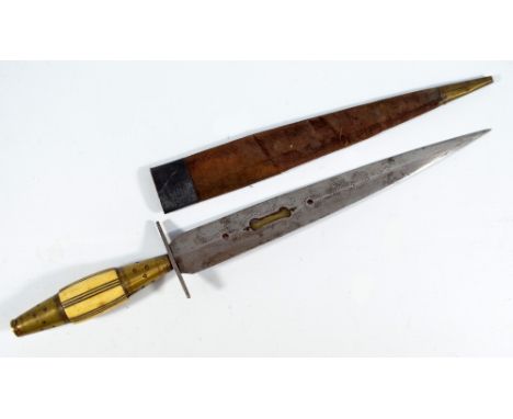 A 19th century dagger with brass and bone set grip, shaped pierced blade with central inset brass section and velvet scabbard