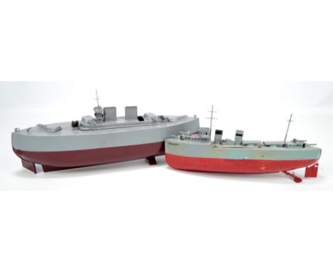 Two Sutcliffe tinplate model warships painted in grey and red, the smaller with name decal 'Grenville', the larger with remov