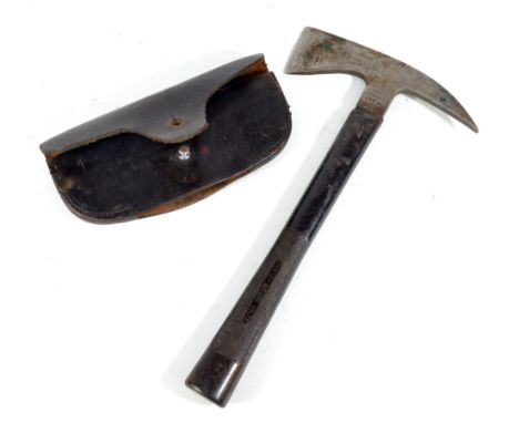 A WWII period hatchet with head stamped 'Chillington RPax A.R.P 55', with a rubberised handle and leather blade protector wit