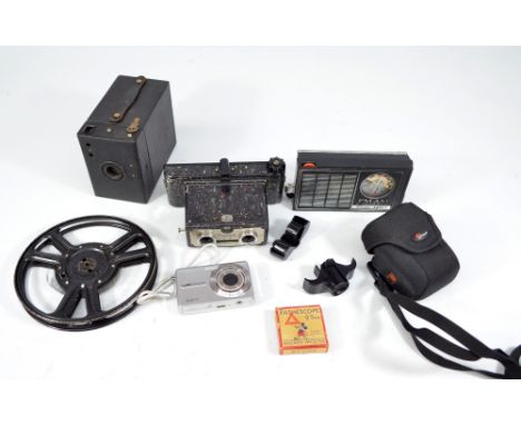 A small group of cameras and related items to include a Kodak M863 8.2 megapixels 3 x optical zoom digital camera, a vintage 