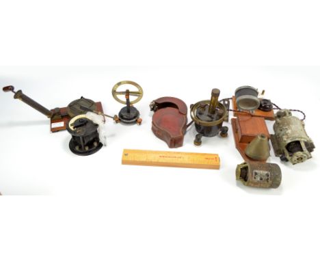 A group of scientific instruments and technical devices including a Pye & Co galvanometer, a wooden cased stroboscope, a Reyn