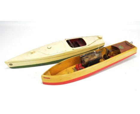 A wooden green and cream painted model speed boat, length 60cm, and another Bowman Models example with homemade motor mechani