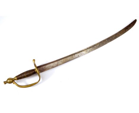 An 18th century private's hanger, with brass pommel, knuckle guard and apple shaped shell, wirework set wooden grip and curve
