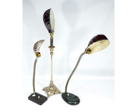 An original mid-20th century adjustable desk lamp with moulded brown shell shade, a similar example chrome coloured shade and