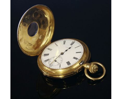 An 18ct gold half hunter repeating pocket watch, 52mm diameter, with a royal blue enamel Roman numeral chapter ring to the fr