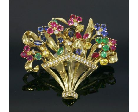 An Italian gold, sapphire, ruby, emerald and diamond Giardinetti brooch,flower head clusters of circular, oval and marquise c