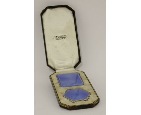 An Art Deco silver and pale blue enamel compact and cigarette case, by Adie Brothers, Birmingham 1935,with engine turned base