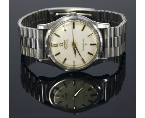 A gentlemen's stainless steel Omega automatic chronometer Constellation strap watch,on later stainless steel bracelet.  A cir