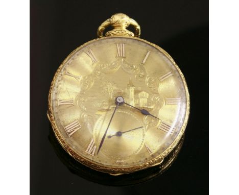 A Swiss gold, key wound, open faced pocket watch, c.1860,the case 48mm diameter, with a gold engine turned dial, the centre h