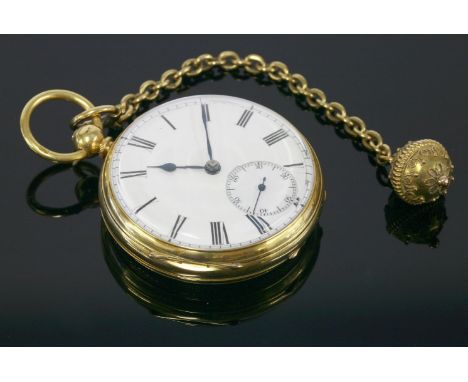 An 18ct gold, key wound open faced pocket watch,with a later Victorian 18ct gold watch chain and Etruscan-style orb fob.  The