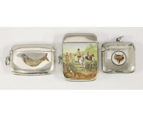 Three 'Hunting' and 'Fishing' silver and enamel vesta cases,one enamelled with a trout,by Gilmour & Watson, Birmingham 1912,w