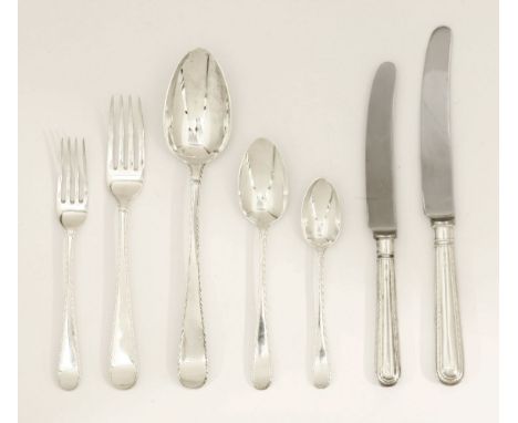 A George III/IV silver old english feather edge pattern flatware service, by Thomas Barker, London 1816 to 1820,comprising: 1